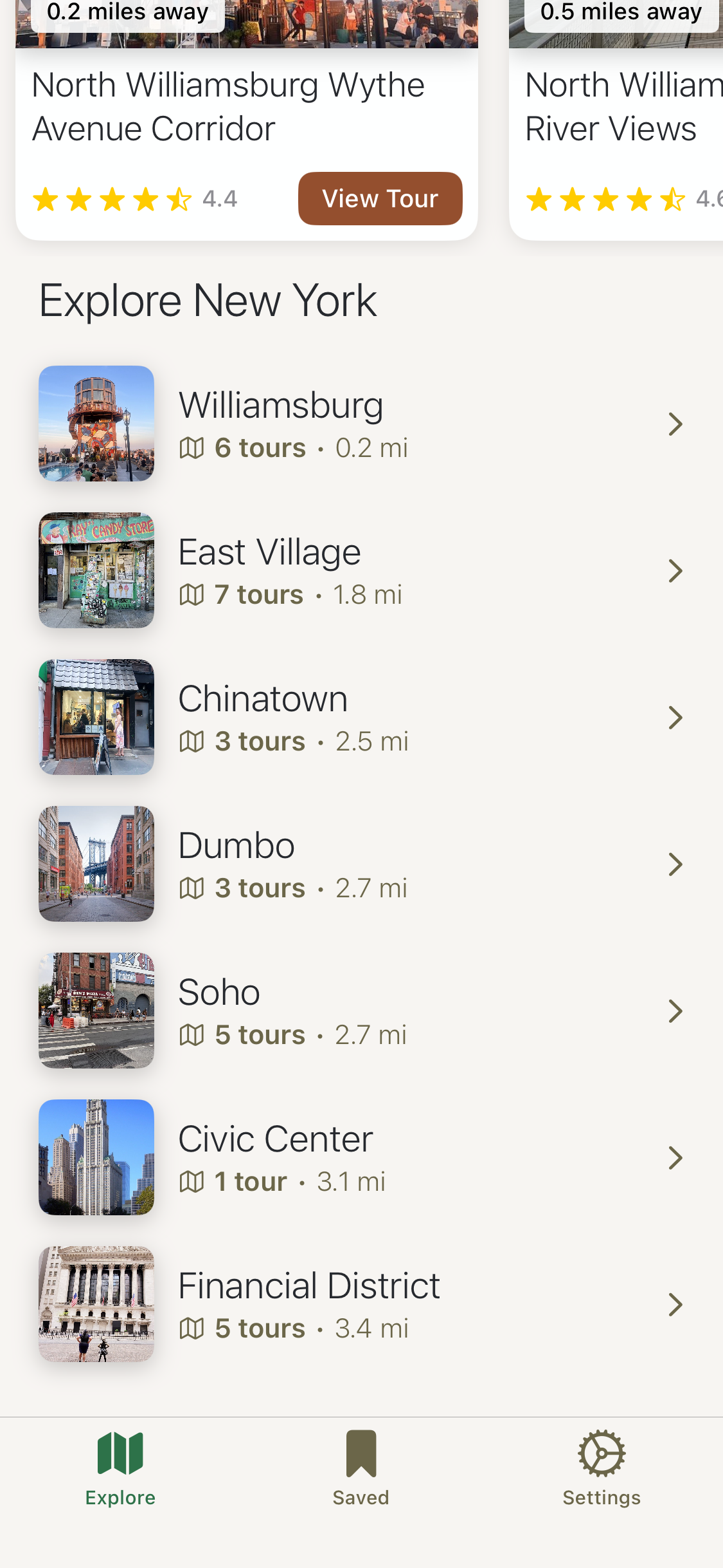 Tour selection screen